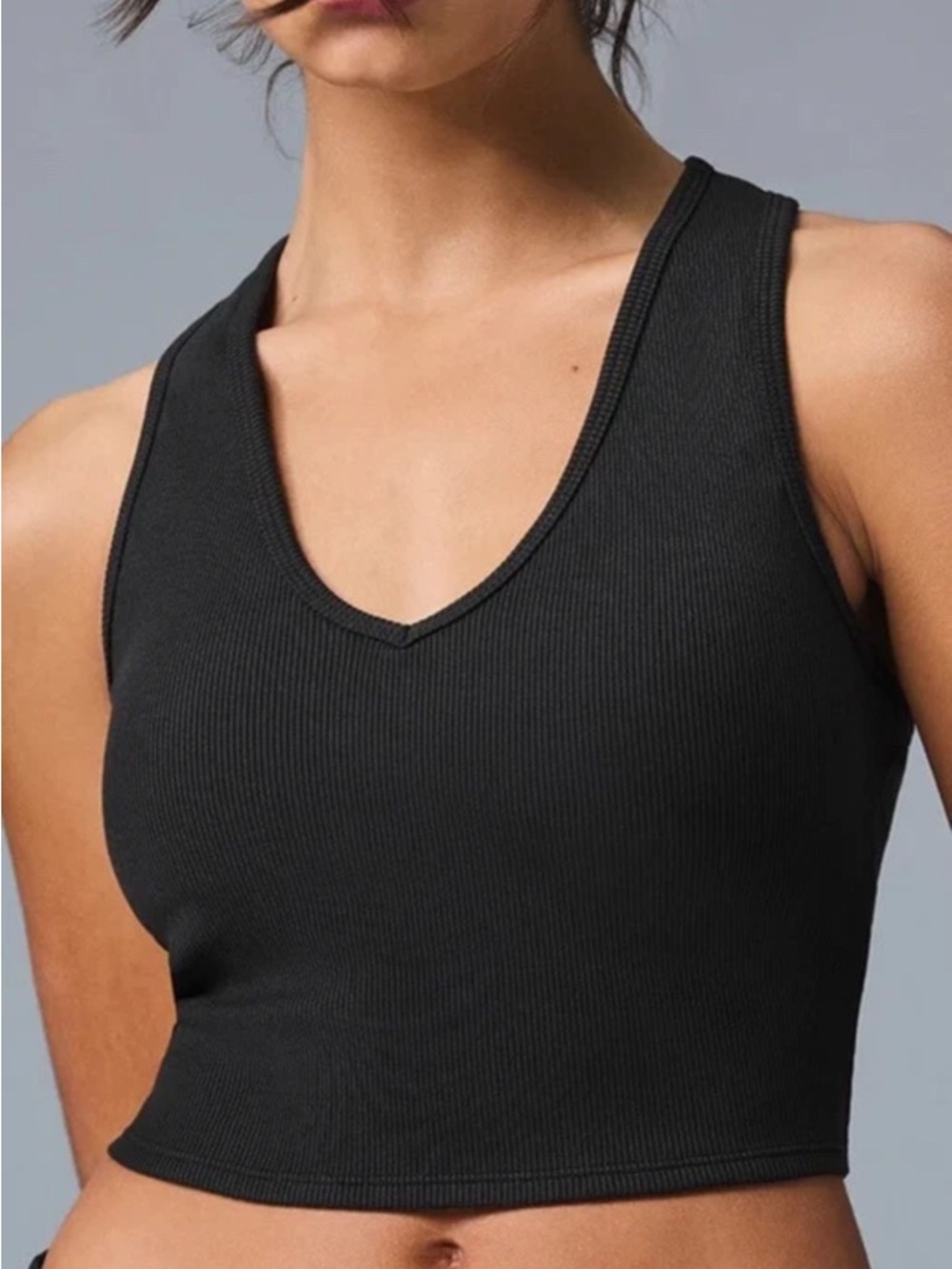 ALO Goddess Ribbed Cropped Racerback Tank Cosmic Black Women's Size Medium